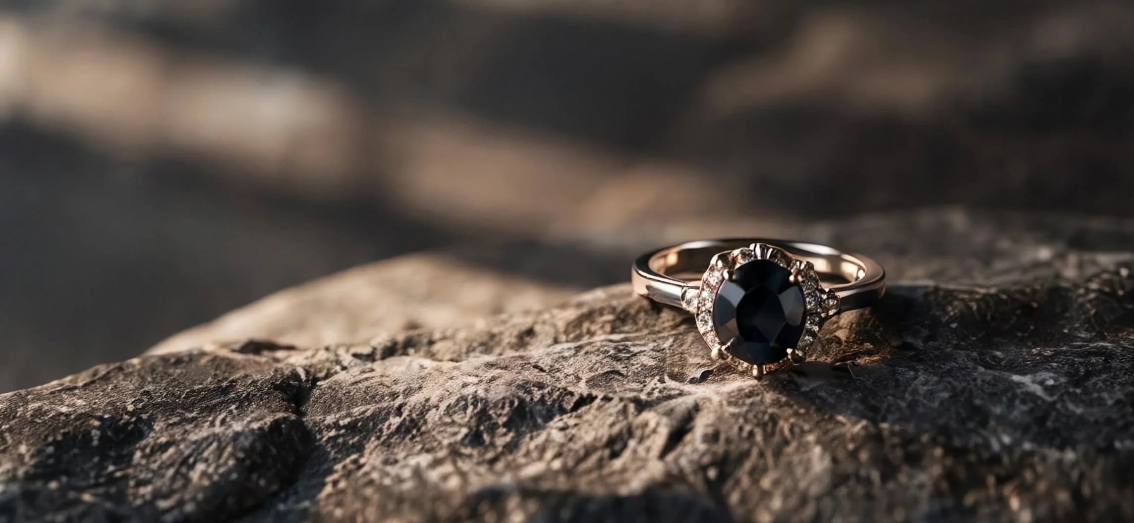 Azor black gemstone solitaire ring resting on textured rugged stone
